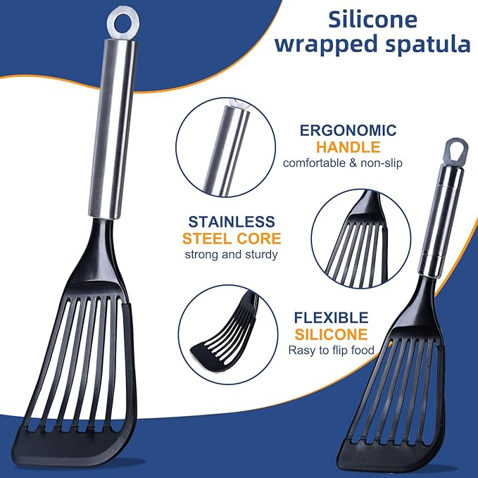 KSENDALO Fish Spatula Egg Flexible Slotted Turner Flipper, Silicone Coated Edged Kitchen Utensil for Nonstock Cookware, Lightweight & Sturdy Cooking Tool for Fish, Eggs, Pancakes, Omelettes