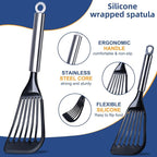 KSENDALO Fish Spatula Egg Flexible Slotted Turner Flipper, Silicone Coated Edged Kitchen Utensil for Nonstock Cookware, Lightweight & Sturdy Cooking Tool for Fish, Eggs, Pancakes, Omelettes