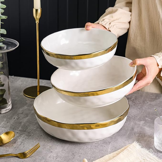 Stone Lain Florian Porcelain 3-Piece Round Shallow Bowl Service Set, White wit Gold Rim