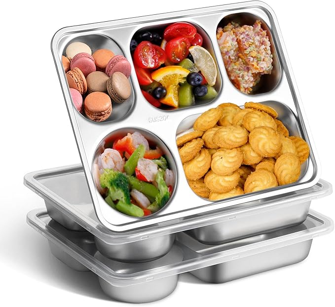 GOLDEN KEY Stainless Steel Snack Containers, 3-Pack Snack Bento Boxes with 5 Compartments and Lids, Stainless Steel Bento Box for Kids or Adults, Food Storage Container for School, Home, and Travel
