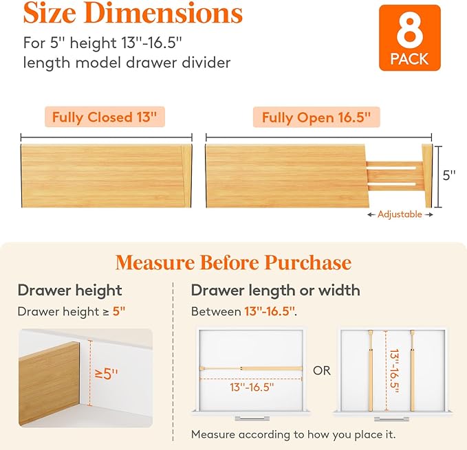 Lifewit 8 Pack Drawer Dividers Bamboo 5" High, 12-17" Adjustable Clothes Drawer Organizers, Expandable Dresser Separators in Bedroom/Bathroom/Kitchen/Office Organization and Storage