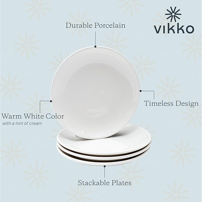 Vikko Salad Plate, Set of 6 White Plates, Fine Porcelain, Stackable 8 Inch Salad Plates, Dishwasher Safe, 8/'' Salad Plate