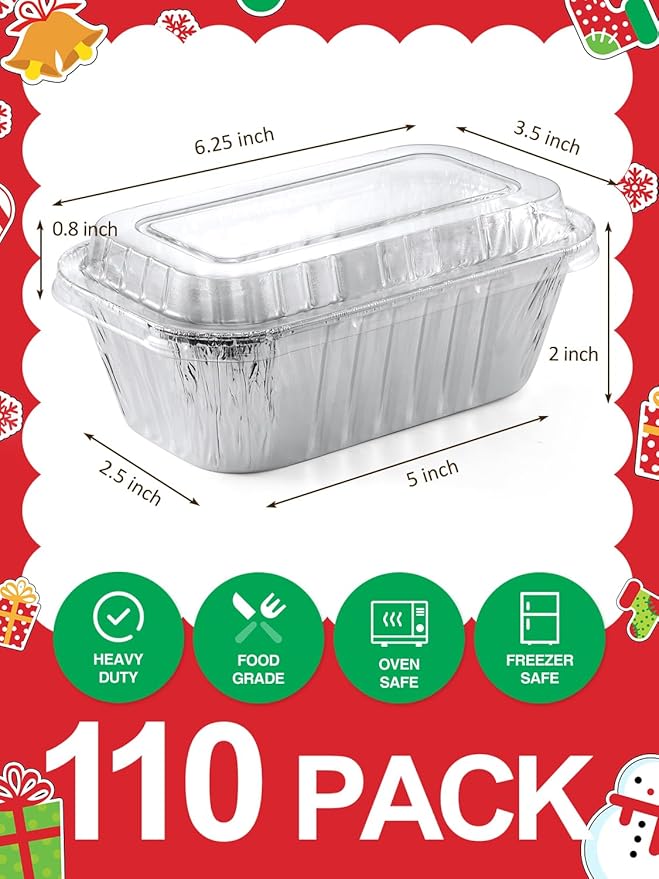 110 Pack 6x3.5x2 Disposable Aluminum Loaf Pans with Lids - 1 Lb Mini Loaf Pans, Small Aluminum Tin Foil Baking Pan, Food Containers for Baking, Cakes, Bread, Meat, Loaves