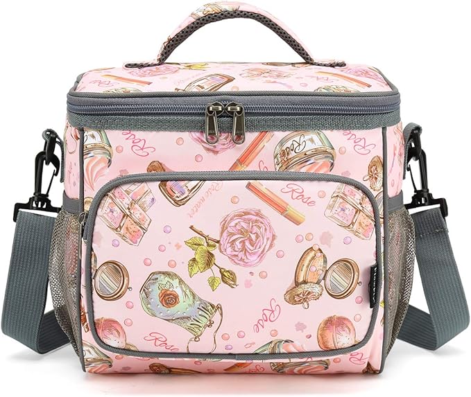 FlowFly Insulated Reusable Lunch Bag Adult Large Lunch Box for Women and Men with Adjustable Shoulder Strap,Front Zipper Pocket and Dual Large Mesh Side Pockets,Rose