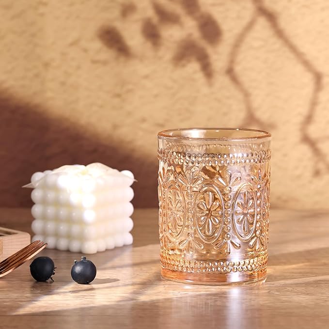 Amber Glassware set of 4, Vintage Drinking Glasses, 10oz Heavy Duty Glass Cups, Colored Glassware Set, Embossed Glasses Set for Party Wedding Home Office Gift