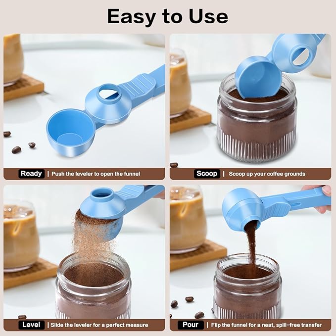 2-in-1 Coffee Scoop with Funnel, 2 Teaspoon Measuring Spoon for Reusable K Cups, Ground Coffee, Protein Powder & Tea, Mess-Free Plastic Design (Light Blue)