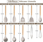 E-far Silicone Cooking Utensils Set, 10-Piece Heat Resistant Kitchen Utensils Set with Wooden Handle for Nonstick Cookware, Kitchen Nonstick Tools Spatula Whisk Tongs Ladle, Non-toxic & Healthy(Khaki)