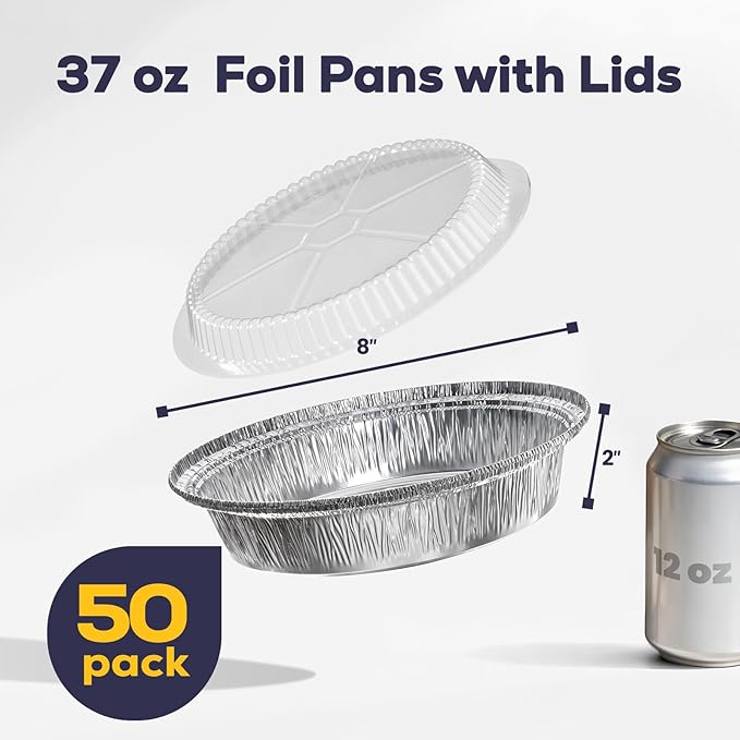 Fit Meal Prep 50 Pack 8" Round Aluminum Foil Pans with Clear Dome Lids, Pie Tins Disposable 8 inch with Lids, Take Out Containers, Freezer Oven Safe Aluminum Baking Pans for Storing, Cooking, Storage