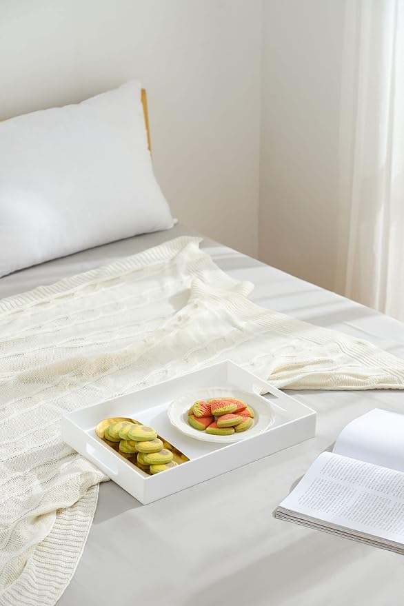 Glossy White Sturdy Acrylic Serving Tray with Handles-10x15Inch-Serving Coffee,Appetizer,Breakfast,Butler-Kitchen Countertop Tray-Makeup Drawer Organizer-Vanity Table,Ottoman Tray-Decorative