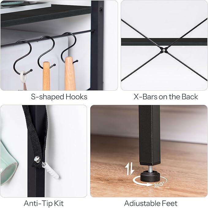 HOOBRO Kitchen Bakers Rack with Storage, 4 Tiers Coffee Bar Station, Microwave Stand with 8 S-Shaped Hooks, Kitchen Storage Shelf Rack for Small Spaces, Black BB04HB01
