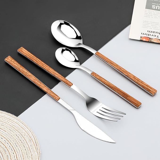 Stainless Steel Flatware Set for 4, Cutlery Utensils Set with Simulated Wooden Handle Include Knives Forks Spoons Service for 4, Mirror Polished and Dishwasher Safe (Silver)