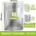 10pcs 5 Gallon Mylar Bags for Food Storage - 10 Mil Thick - Extra large bags 5 Gallon with Oxygen Absorbers 2500cc - Zipper Resealable Milar Bags - Bolsas Mylar 5 Galones