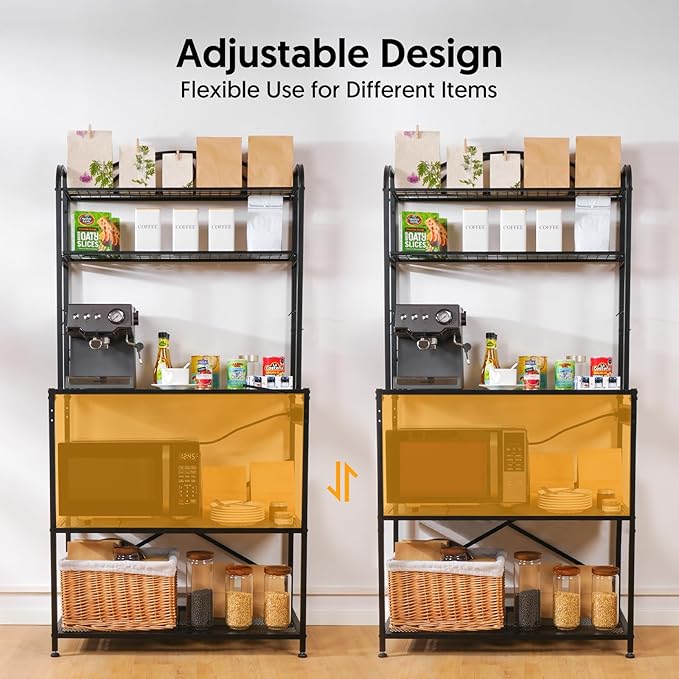 Bakers Rack for Kitchen, 33-inch Wide Coffee Bar Station with Power Outlet, 5 Tier Microwave Stand Storage Shelf with S-Shaped Hooks, Metal Frame with Coloured Glass Tabletop
