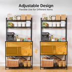 Bakers Rack for Kitchen, 33-inch Wide Coffee Bar Station with Power Outlet, 5 Tier Microwave Stand Storage Shelf with S-Shaped Hooks, Metal Frame with Coloured Glass Tabletop