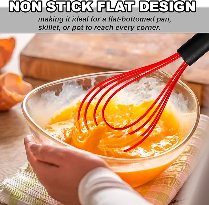 Anaeat Silicone Kitchen Whisk Set of 4, Perfect for Non-Stick Cookware, Milk and Egg Beater Blender for Whisking, Cooking, Baking, Beating - 11'' Flat Whisk and 8.5''+10.5''+12'' Balloon Whisks (Red)
