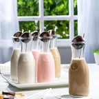 Set of 2 Circular Glass Carafe, 1 Liter Beverage Serveware Carafe with Bamboo Lid, Water Bottles, Clear Glass Pitchers for Mimosa Bar, Milk, Juice, Lemonade(2 Bottles)