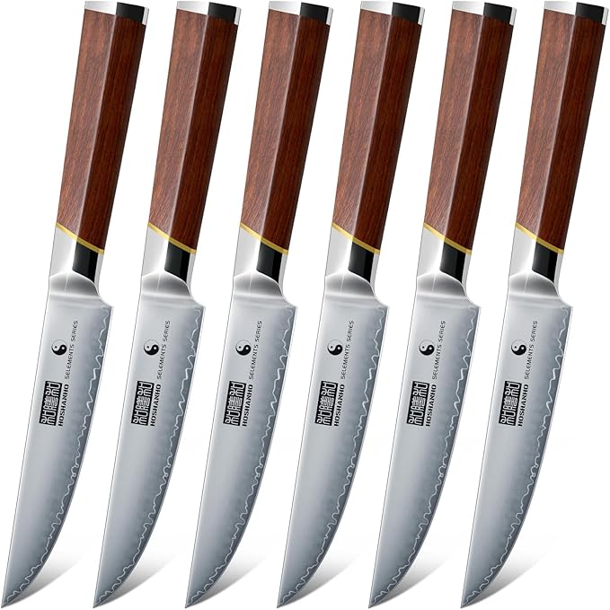 HOSHANHO Steak Knives Set of 6, Ultra Sharp 4.5 Inch Professional Non Serrated Steak Knife Set for Precise Cutting, Japanese High Carbon Steel Steak Knife with Ergonomic Handle
