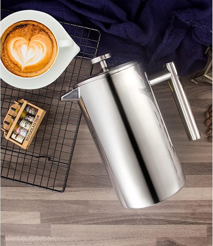 Miuly 21OZ French Press Coffee Maker 600ML Stainless Steel Coffee Press with 3 Level Filtration System, Double Wall Insulated French Press with 2 Filters