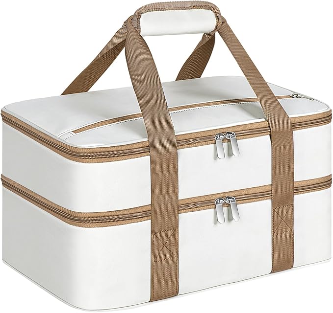 Double Insulated Casserole Carrier, Portable Casserole Carrier for Hot or Cold Food Lunch Tote Warmer or Cooler Bag, Lasagna Lunch Bag for Potluck Parties- Fits 9" x 13" Baking Dish-Beige