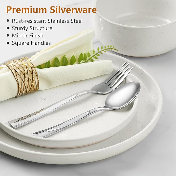 LIANYU 32PC Dinnerware Sets with Silverware for 4, Stoneware Plates and Bowls Dish Set, Stainless Steel Square Flatware Cutlery, Kitchen Dining Dishware, Microwave & Dishwasher Safe, Snowy White