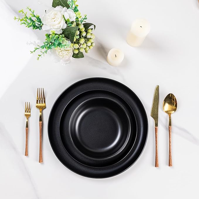 AmorArc Ceramic Dinnerware Sets, Wavy Rim Stoneware Plates and Bowls Sets, Highly Chip and Crack Resistant | Dishwasher & Microwave & Oven Safe Dishes set, Service for 4 (12pc)-Matte Black