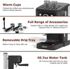 2in1 20 Bar Espresso Machine with Milk Frother, Coffee Latte Cappuccino Maker for Home, Coffee Machine Suitable for Coffee Powder/Capsules, Espresso Machines with Thermometer