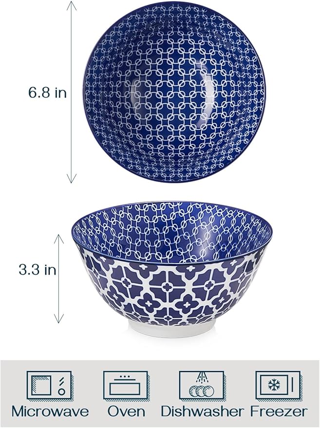 DOWAN 33 OZ Large Bowls Set of 6 - Ceramic Deep Bowl for Ramen, Pasta, Salad - Vintage Blue Porcelain Bowls for Kitchen Decor & Housewarming Gift - Dishwasher & Microwave Safe
