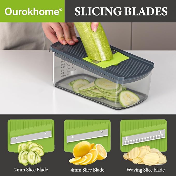 Ourokhome Mandolin Slicer for Kitchen Food, Hand Safe Vegetable Shredder with 6 Mandoline Blades, Veggie Waffle Cutter for Potato, Carrot, Zucchini, Onion, Essential Kitchen Gadgets (6 in 1, Gray)