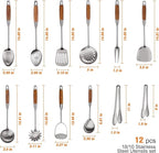 304 Stainless Steel Kitchen Utensils Set with Wooden Handle,12 Pcs Long Heat Resistant Metal Cooking Utensils Set,Spatula, Ladle, Skimmer, Spaghetti Spoon,Tongs,Potato Masher
