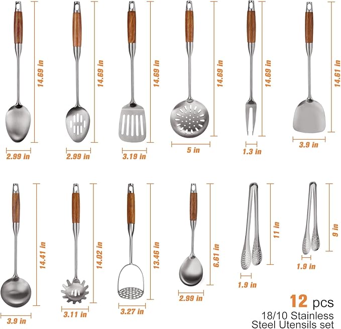 304 Stainless Steel Kitchen Utensils Set with Wooden Handle,12 Pcs Long Heat Resistant Metal Cooking Utensils Set,Spatula, Ladle, Skimmer, Spaghetti Spoon,Tongs,Potato Masher