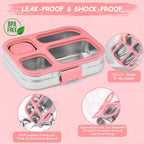 MISS BIG 4 Compartment Stainless Steel Lunch Box for Kids Leakproof Bento Box with Metal Sauce Container, 50 Mixed Food Stickers, BPA-Free, Dishwasher Safe Ideal for School & Toddlers （Pink）