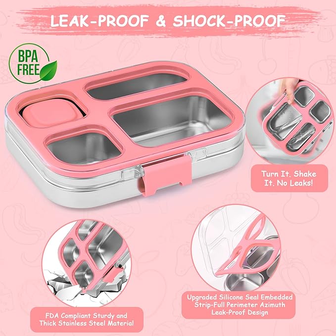 MISS BIG 4 Compartment Stainless Steel Lunch Box for Kids Leakproof Bento Box with Metal Sauce Container, 50 Mixed Food Stickers, BPA-Free, Dishwasher Safe Ideal for School & Toddlers （Pink）
