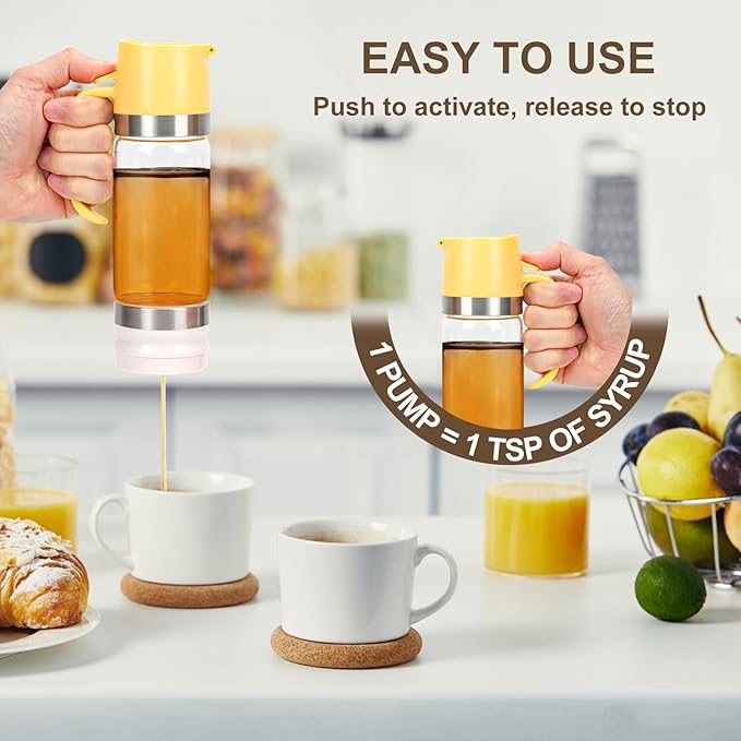 Glass Honey Dispenser Pot, No Drip 12 Oz Honey Jar with Handle, Maple Syrup Dispenser Honey Pot Honey Container Jars with Cleaning Brush for Coffee Tea Bread Pancake (Yellow)