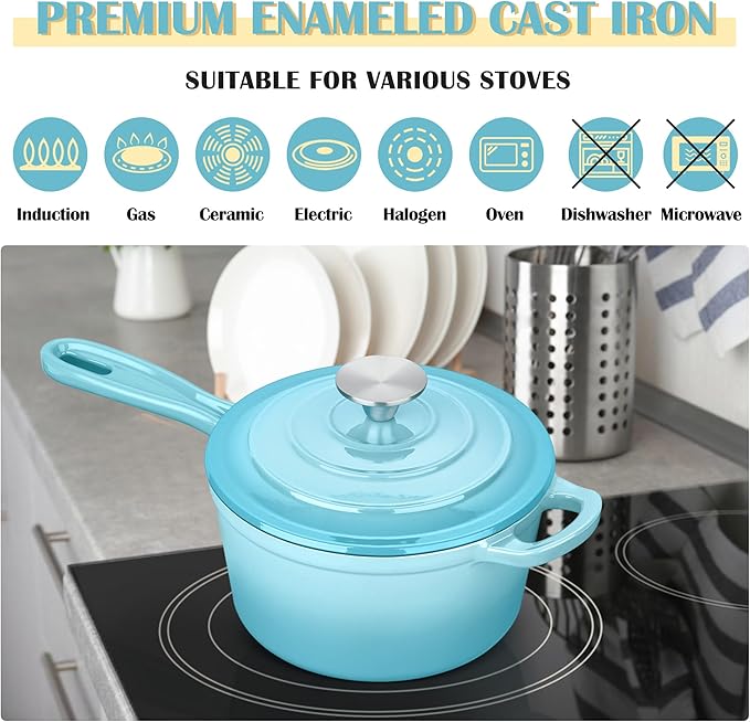 E-far Enameled Cast Iron Sauce Pan, 2 Quart Dutch Oven Saucepan with Lid, Small Sauce Pot for Cooking, Boiling, Healthy & Non Toxic, Induction & Oven Safe, Light Blue
