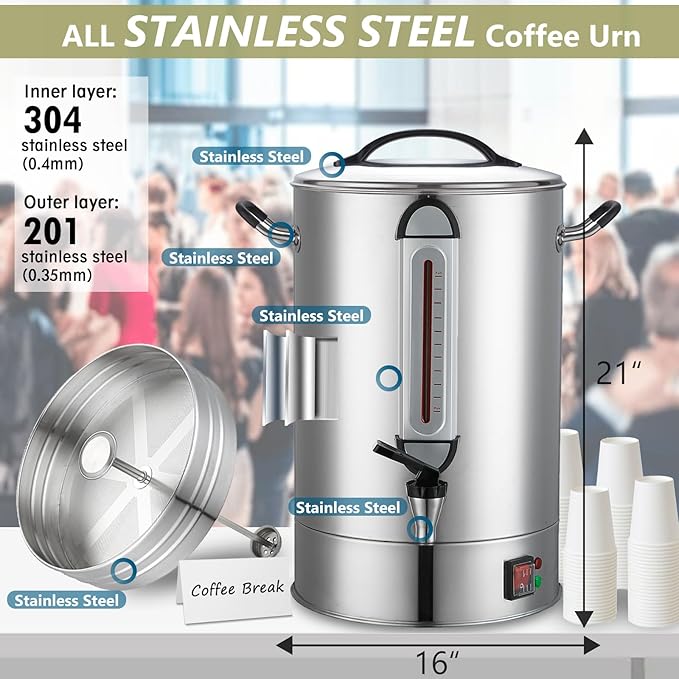 Commercial Coffee Urn 24L 160Cup Stainless Steel Quick Brew Hot Dispenser for Catering, Commercial Grade Large Capacity Coffee Maker For Meeting Rooms, Church, School, Stainless Steel