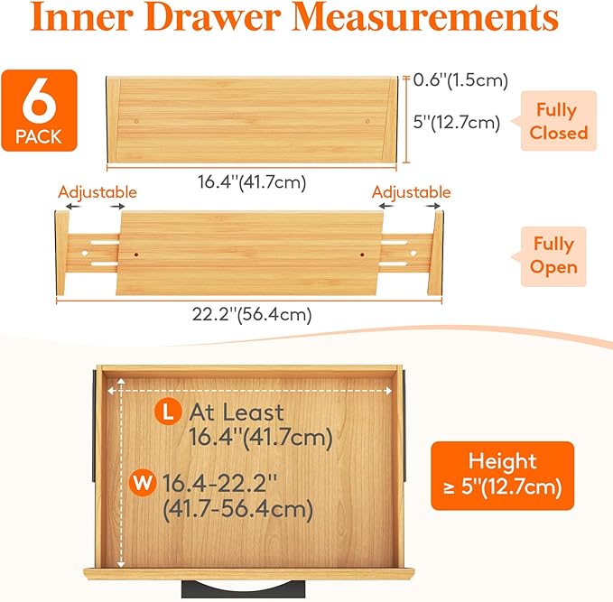 Lifewit 6 Pack Drawer Dividers Bamboo 5" High, 16-22" Adjustable Clothes Drawer Organizers, Expandable Dresser Separators in Bedroom/Bathroom/Kitchen/Office Organization and Storage