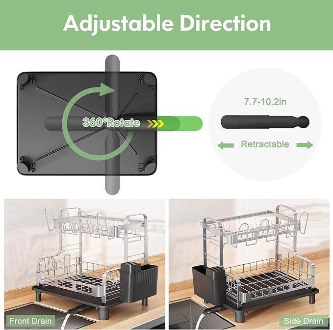 BOOSINY 2 Tier Stainless Steel Dish Drying Rack for Kitchen Counter, Large Dish Dryer Rack for Saving Space, Dish Drainers with Cup Holder & Utensil Holders, Silver