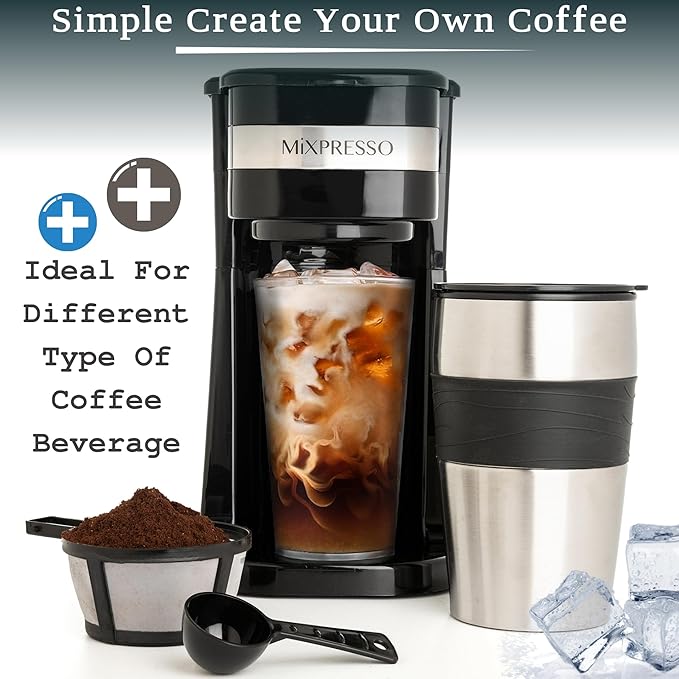 Mixpresso Personal Single-Serve Coffee Maker & 14oz Travel Mug, Drip Small Coffee Maker & Tumbler, Auto Shut Off & Reusable Filter, Compatible with Coffee Grounds Bundle With Electric Milk Frother - L