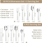 KINGSTONE 65-Piece Silverware Set with Serving Utensils, Forged Flatware Set Cutlery Set Premium Stainless Steel, Service for 12, for Home, Wedding, Party, Mirror Polished and Dishwasher Safe