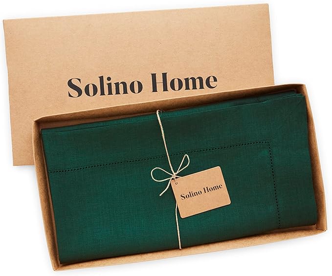 Solino Home Rainforest Green Linen Tablecloth 52 x 52 Inch - 100% Pure Linen Square Table Throw - Classic Hemstitch, Machine Washable Table Cloth for Fall, Autumn