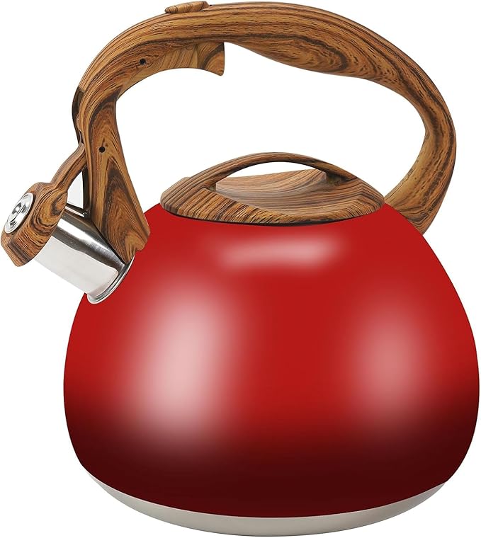 Festive Red Stovetop Whistling Tea Kettle 3.2 Quart - Stainless Steel with Wood Grain Handle, Loud Christmas Whistle for Boiling Water, Holiday Cocoa & Milk, Easy-Pour Spout Classic Design