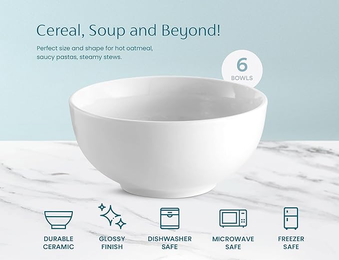 KooK Soup Bowls, Cereal Bowl, Ceramic, Bowls for Kitchen, Microwave, Dishwasher and Freezer Safe, Porcelain Dishes for Pasta, Salad, Oatmeal, Deep Interior, 20 oz, Set of 6, (White)