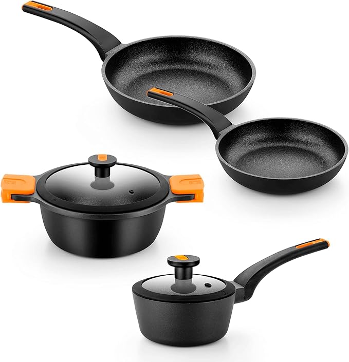 BRA COOKWARE Efficient Pro 6 Piece Cookware Set | Cast Aluminum Kitchenware Set | 1 Pots, 2 Frying Pans, 1 Saucepan, 2 Lids | Non-Stick | All Stovetops Compatible | PFOA Free