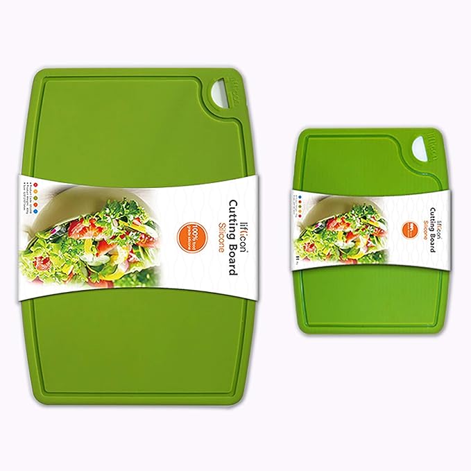 Thick Silicone Cutting Boards for Kitchen Silicone Chopping Boards/Mats Set of 2 Extra Large14.6''x10.43'', Mini 9.1”x7.1” Non-slip Deep Drip Juice Groove, Dishwasher Safe-Green