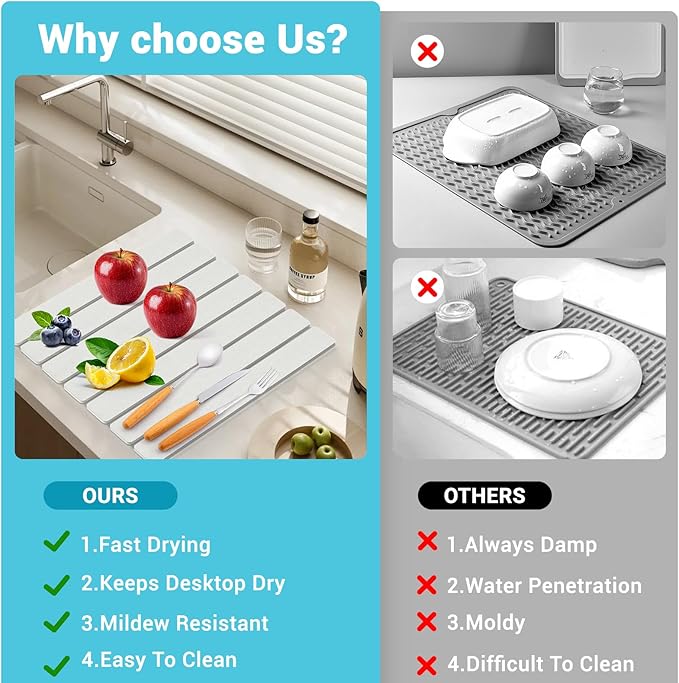 2Pack Stone Dish Drying Mats for Kitchen Counter, Quick Dry Absorbent Diatomite Sink Tray, Foldable Non Slip Dish Rack Mat for Dishes Cups, Perfect for Kitchen Bathroom White (15.5"x11.8" & 8.2"x4")