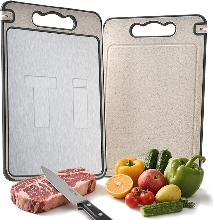 Titanium Cutting Board Professional Double - 2 in 1 Cutting Boards For Kitche, Pure Titanium and Wheat Straw PP, Double Sided 14.4 x 9.8 Inch - Dishwasher Safe, for Fruits, Meat, Vegetables, Camping