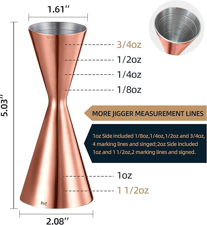 Slim Jigger for Bartending 8 Measurements Inside Cocktail Jigger 2 OZ 1 OZ Professional Duty Double Japanese Premium Food Grade Stainless Steel Bar Jigger Bartender Tool Accessories(Copper)