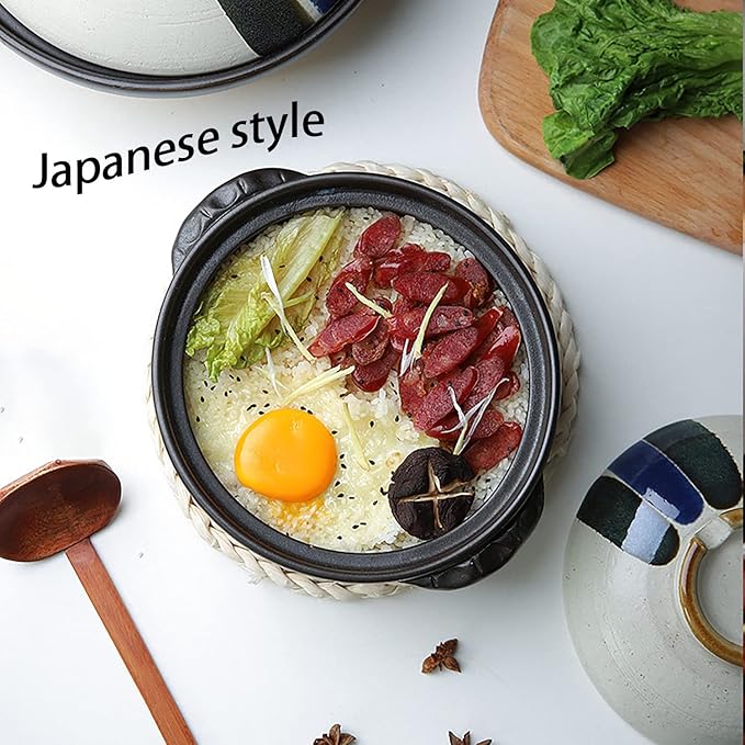 Japanese Ceramic Hot Pot Ceramic Stockpot Clay Cooking Pot Cookware Stovetop, Heat Resistant Casserole with Lid,Small Round Earthenware Clay Pot,Rice Cooker for Stew Soup Noodles,2.2l