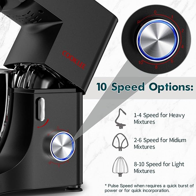 COOKLEE Stand Mixer, 9.5 Qt. 660W 10-Speed Electric Kitchen Mixer with Dishwasher-Safe Dough Hooks, Flat Beaters, Wire Whip & Pouring Shield Attachments for Most Home Cooks, Silver