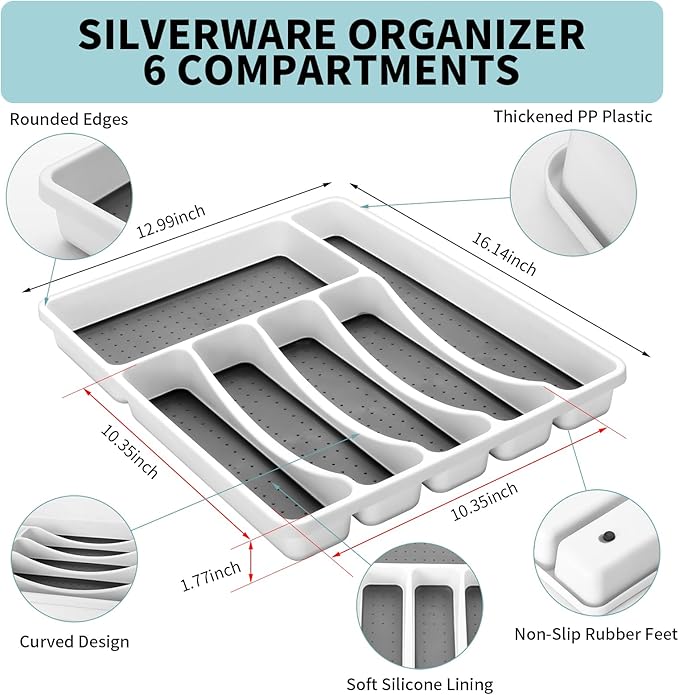 53PCS Silverware Set for 8 with Flatware Drawer Organizer, Stainless Steel Cutlery Set with Steak Knives, Include Spoons and Forks Set & Serving Utensils, Mirror Polished, Silver
